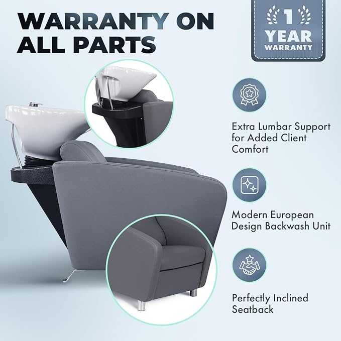 Buy-Rite Shelby Backwash Unit - Professional Salon Shampoo Chair with Deep Tilting White Porcelain Bowl, Dual Function Nozzle, Extra Wide Seat & Lumbar Support - Grey, YLG-556-GRAY