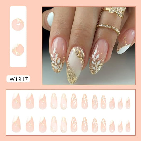 Almond Press on Nails Gold Glitter French Tip Fake Nails with Leaves Designs Medium Length Artificial Nails Sparkly False Nails Glossy Full Cover Acrylic Stick on Nails for Women Manicure Tips 24Pcs