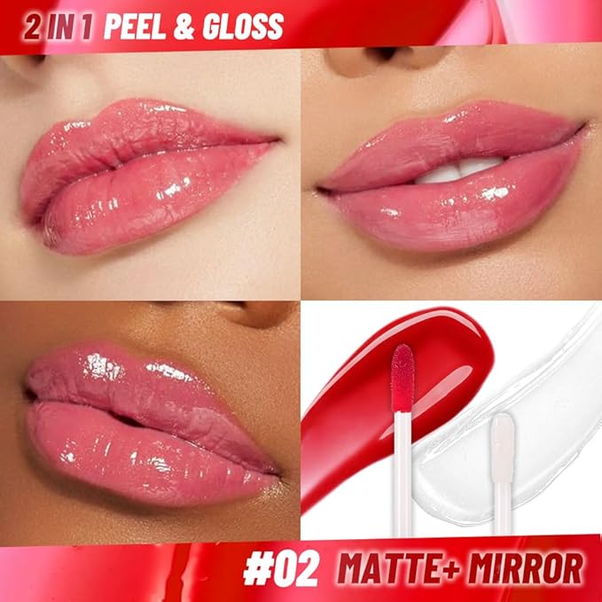Dewy Rose Lip Stain Peel Off Lip Gloss oil Dual-Ended Combo, Lips Liner Stain Peel Off Tattoo, Long Lasting & Waterproof, Transfer-Proof Lip Tint Stain with Lip oil for All Skin Type 02#