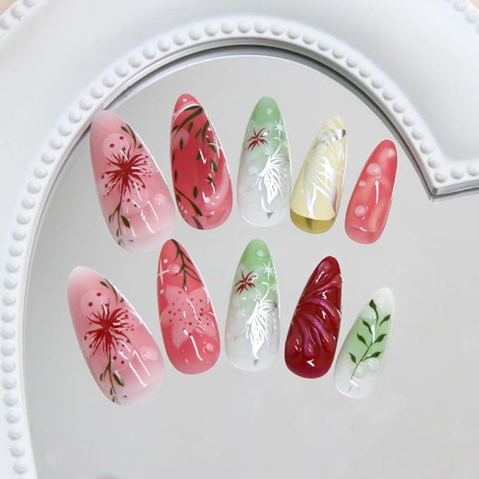 24Pcs 3D Flower Press on Nails Medium Almond Fake Nails with Bubble Butterfly Star Designs Cute Powder Blusher Acrylic Glossy Pink Tulip False Nails Green Leaf Stick on Nails for Women