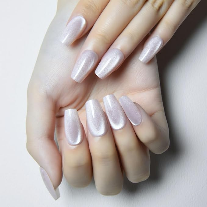 evpct Pearl White Nude Cat Eye Coffin Press on Nails Square Medium, Glue on Nail Medium Square for Women Gift, Pearl Metallic Glitter Glossy Reusable Soft Gel Press on Acrylic Fake Nail with Designs