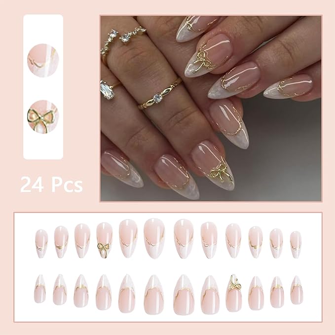24pcs White French Tip Press on Nails Medium Almond Fake Nails with 3D Bow Acrylic Nails Design Gold Line Stick on Nails French False Nails Kit Full Cover Glue on Nails for Women Nail Decoration