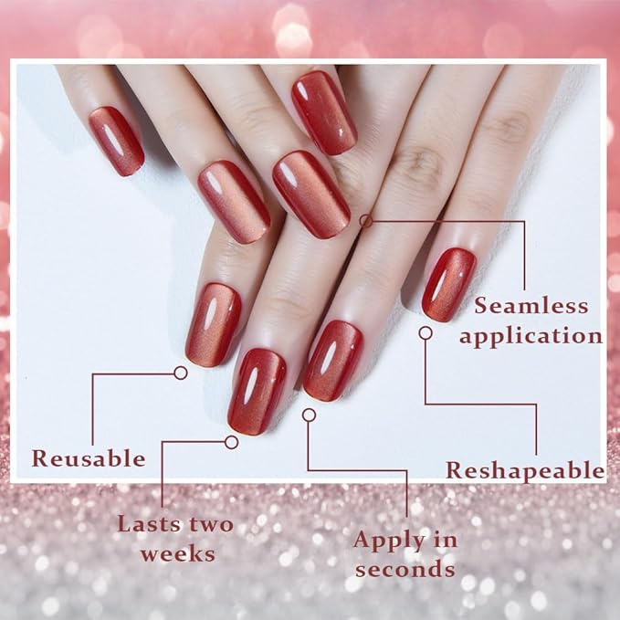 Cat Eye Red Press On Nails Medium Long Length Square, Designer Reusable Acrylic Fake Nail with Glue, Glossy Gel Nails Wedding Party, Stick On Glue On Nail, Nails Press Ons for Women