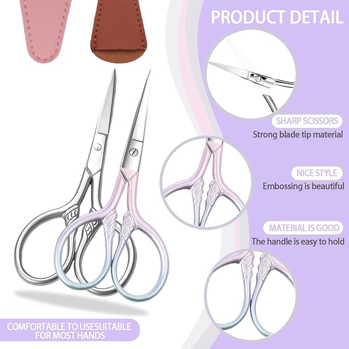 2 Pcs Eyebrow Scissors for Women Men, 3.5 Inch Professional Beauty Mini Scissors, Suitable for Facial Hair, Eyebrows, Beards, Ears, Nose and Beards, Stainless, Steel Straight Head(Pink and Silver)