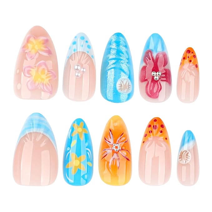 24Pcs Summer Press on Nails Almond French Tip Fake Nails 3D Flower Acrylic Nails Tropical Flowers Nail Art Designs Pearl Charms Glossy Medium Stick on Nails for Women DIY Manicure Accessories