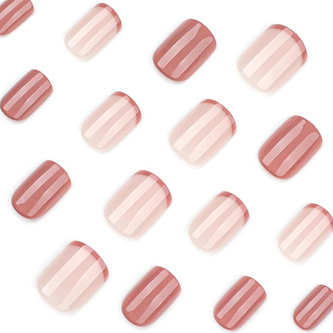 Brown French Tips Press On Nails Short, Acrylic Press On Nails Square with Nail Glue, Glossy Fake Nails Kit, Thick Natural Reusable Glue On Nails for Women, 24Pcs