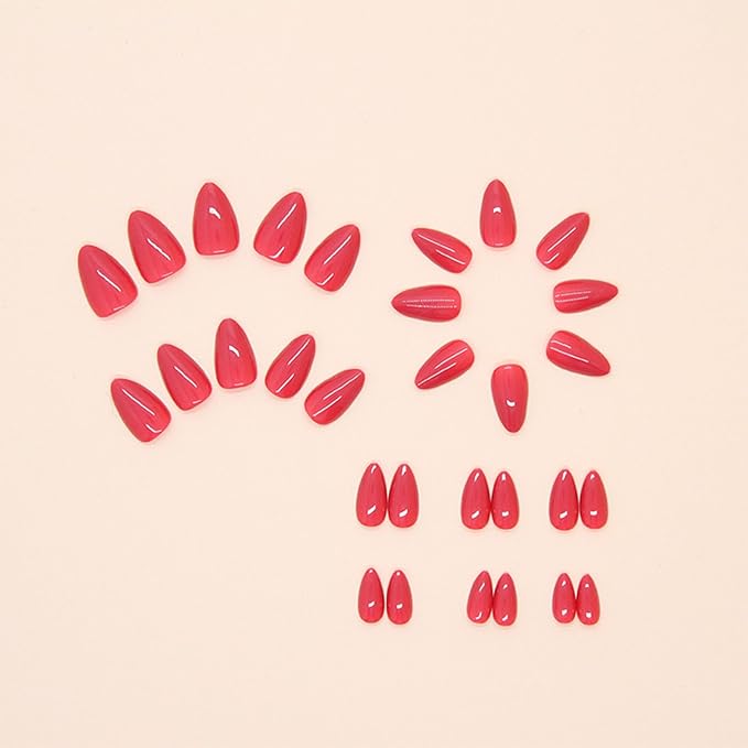 Red Press on Nails Solid Color Fake Nails Short Almond Acrylic Nails Glossy Artificial Nails Red Full Cover Glue on Nails Reusable Stick on Nails for Women and Girls 30 Pcs