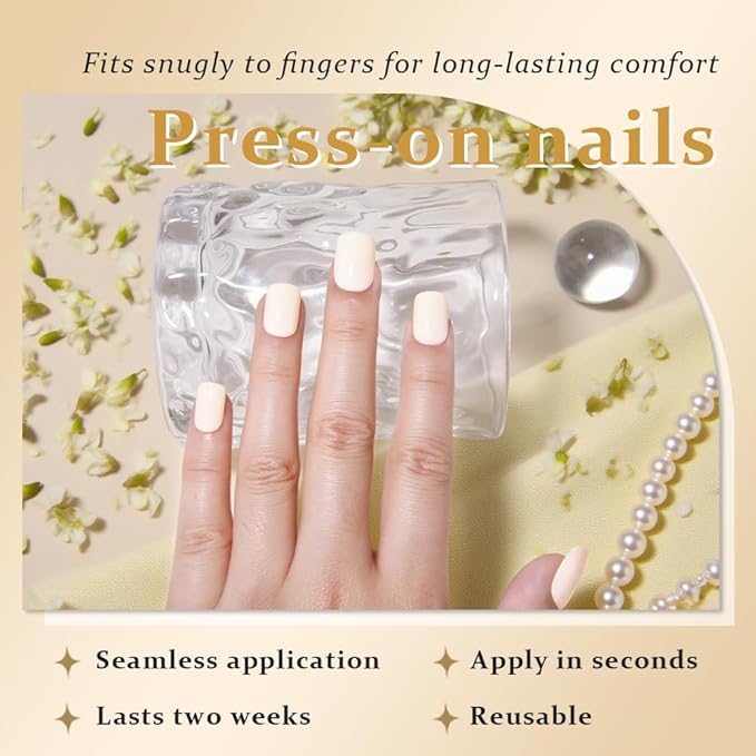 evpct Acrylic Beige Glossy Press on Nails Short Square, Glossy Beige Fake Nails Reusable False Nail Stick Glue on Press ons for Women Gifts, Perfectly Fit Durable False Nail Kit with Gel Glue 30Pcs