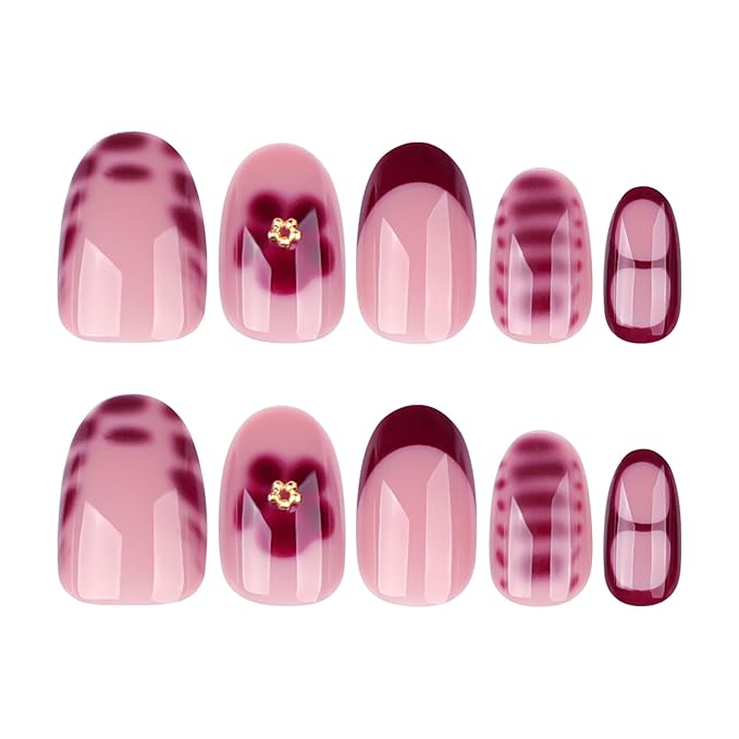 Red Press On Nails Short Oval, Summer Fall Fake Nails with Red French Tips and Elegant Petal Accent Designs, Glossy Gel Finish Acrylic Nails, Thick Reusable Glue On Nails Kit for Women, 24 Pcs