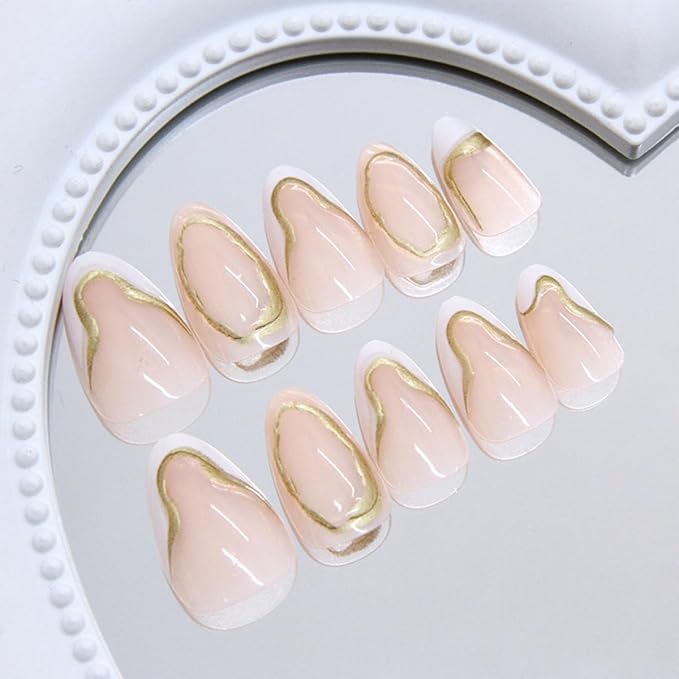 3D Gold Press on Nails Short Almond Fake Nails White French Tip Design Stick on Nails Nude False Nails Glossy Handmade Acrylic Glue On Nail for Women Nail Art Decoration 24Pcs