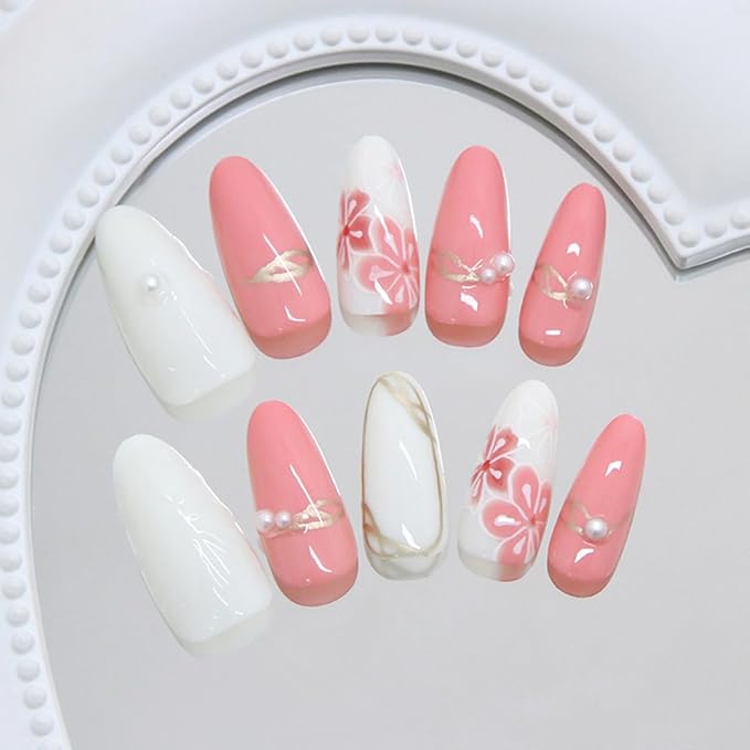 3D Flower Press on Nails Medium Almond Nails Tips Cute Floral Fake Nails with Designs Gold Line Glue on Nail Nude Pink Acrylic Nail Full Cover Pearl False Nails for Women Manicure Supplies 30Pcs