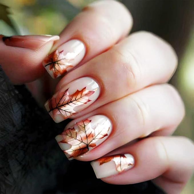 24Pcs Fall Leaves Stick on Fingernails Sparkly Maple Leaf Press on Nails Thanksgiving Medium Square False Nails Glossy Gold Glitter Acrylic Fake Nail Autumn Gel Glue on Nail for Coquette Women Girls