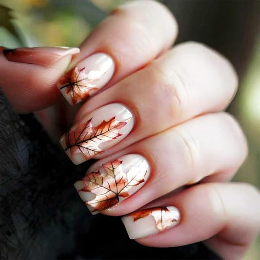24Pcs Fall Leaves Stick on Fingernails Sparkly Maple Leaf Press on Nails Thanksgiving Medium Square False Nails Glossy Gold Glitter Acrylic Fake Nail Autumn Gel Glue on Nail for Coquette Women Girls