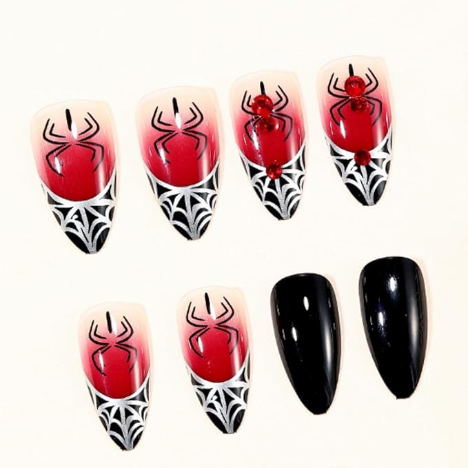 24 Pcs Goth Almond Press on Nails Halloween Fake Nails Black Red Gradient False Nails with Red Diamond Spider Web 3D Spider Design Handmade Nails Ombre Gothic Acrylic Nail Glue on Nail for Women