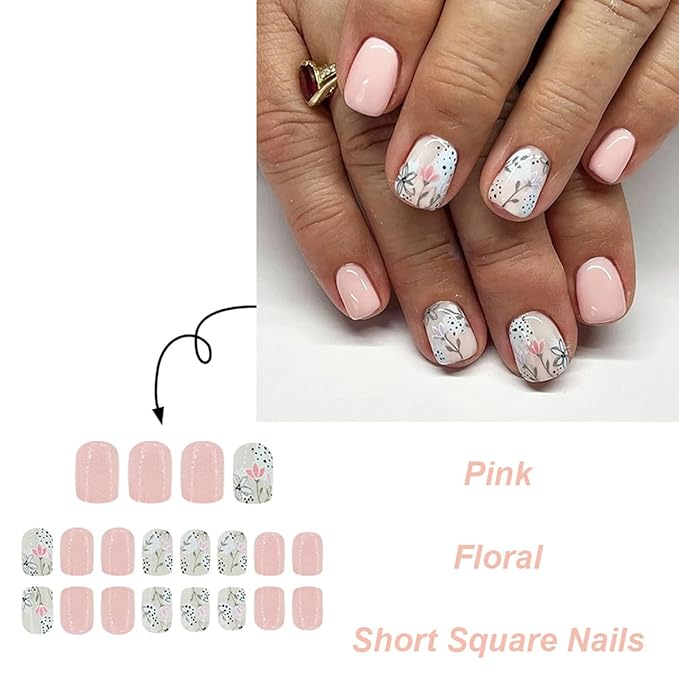 24Pcs Pink Press on Nails Short Square Fake Nails with Designs Colorful Flower Leaf Glue on Nails Glossy Acrylic False Nails Full Cover Spring Summer Artificial Nails for Women Girls Manicure