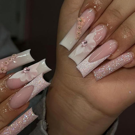 French Tip Press on Nails White Flower Gradient with Sparkling Rhinestones Long Square Glitter Fake Nails Full Cover Luxury Glue on Nails for Women 24PCS