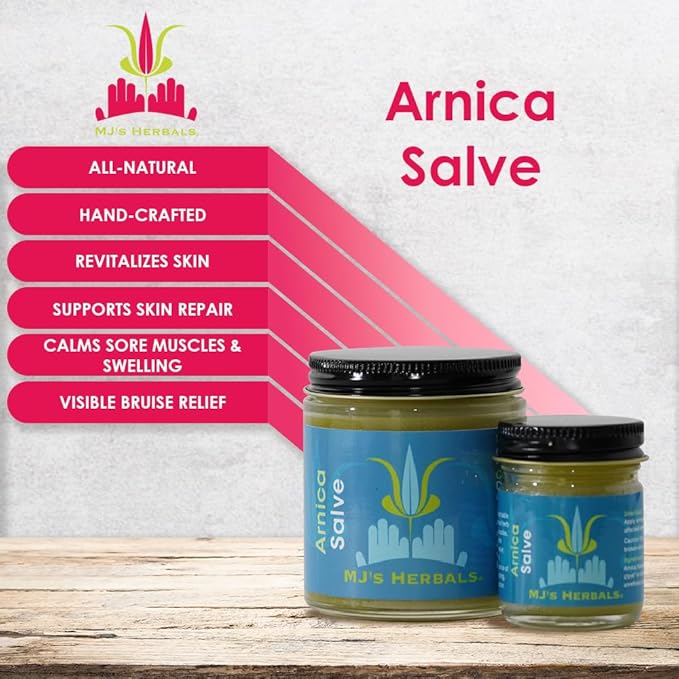 MJ’s Herbals Arnica Salve | Organic, Maximum Strength, Immediate Relief for Sore Muscles & Feet | Bruise Recovery, Fantastic Massage & After Yoga Balm | No Parabens, No Synthetics (1 oz)