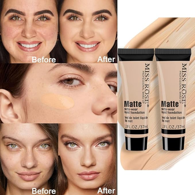 2 Pack Liquid Foundation Cream for Face Makeup,Durable Full Coverage Matte Concealer Make Up,Oil Control & Waterproof Base Primer -1+1 Fl.Oz (BEIGE 3#)