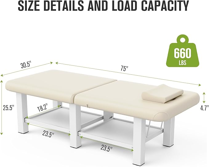 Folding Stationary Massage Table with Backrest and Storage Space, 6 Square Legs Metal Frame PU Leather, 30.5'' Wide × 75'' Long for Treatment Table Physical Therapy Table Spa Facial Bed, Beige Gray