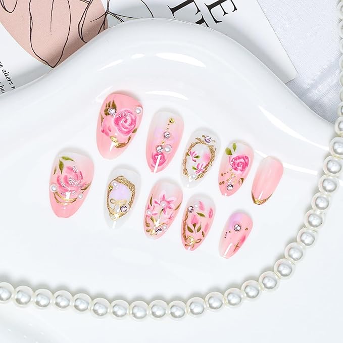 24Pcs Flower Press on Nails Almond Short Fake Nails with Pearl Rhinestones Design Handmade Acrylic Nails Pink Rose Glue on Nail 3D Gold Chrome French Tip False Nails Cute Floral Bow Artificial Nail