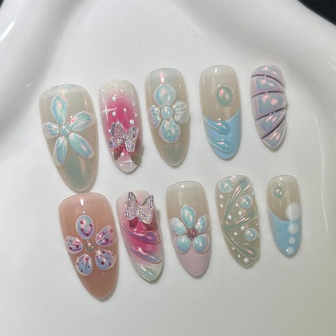 30Pcs 3D Handmade Press on Nails with Charms Medium Almond Fake Nails Cute French Tip Nails Press ons 3D Flower Stick on Nails Almond Shape Acrylic Nails Pink Glossy Glue on Nails for Women Daily Wear