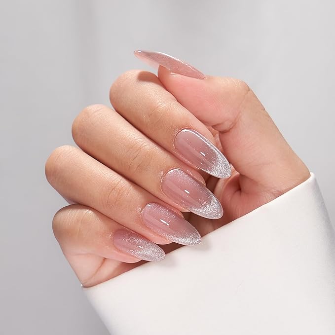 BTArtbox Press On Nails Almond - Medium Cat Eye French Tip Nails with Glue for Daily Nail Art, Fake Nail Extensions In 15 Sizes - 30 Nail Kit, Liquid Radiance