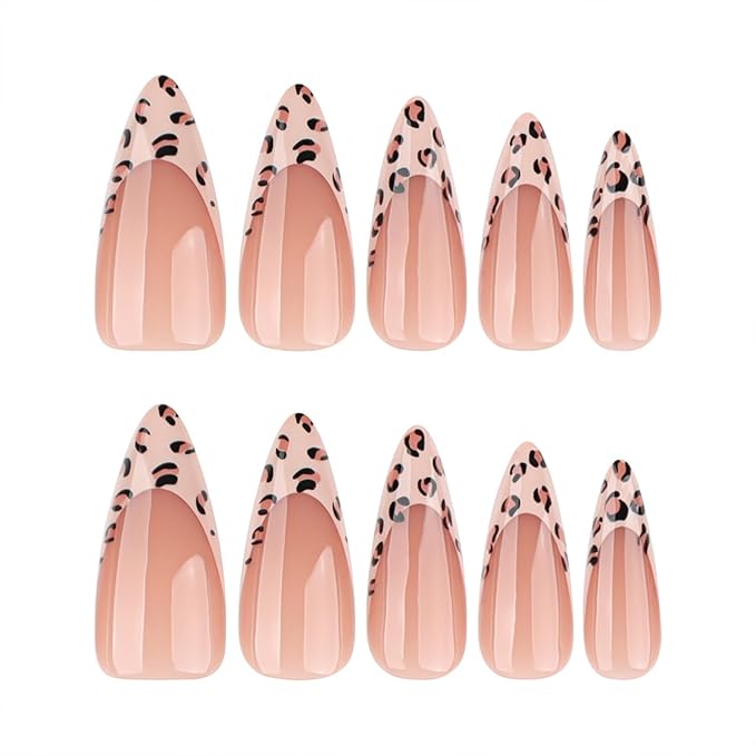 Leopard French Press On Nails 24pcs, Medium Stiletto Nude Fake Nails with Leopard Print Tips, Glossy Acrylic False Nails, Reusable Stick On Nails Kit for Women Girls Manicure