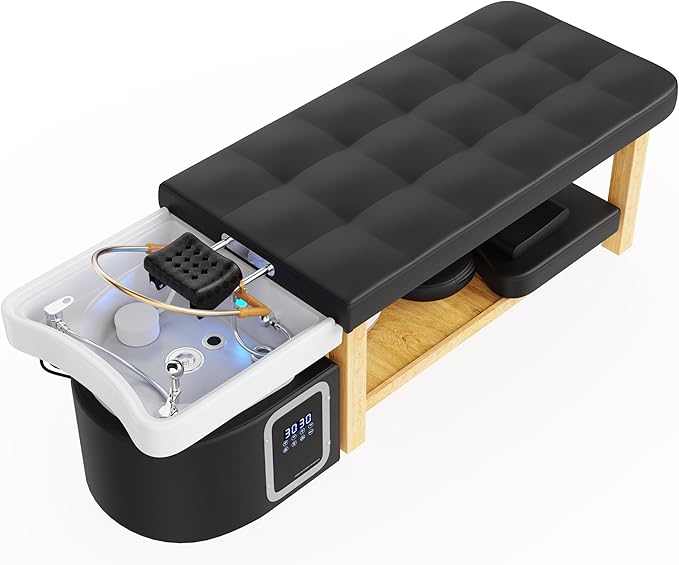 Hair Washing Head Spa Stationary Massage Table with Water Cycle & Fumigation Salon Equipment for Beauty Head Spa Physical Therapy Massage, Wood Frame, PU Leather - Black