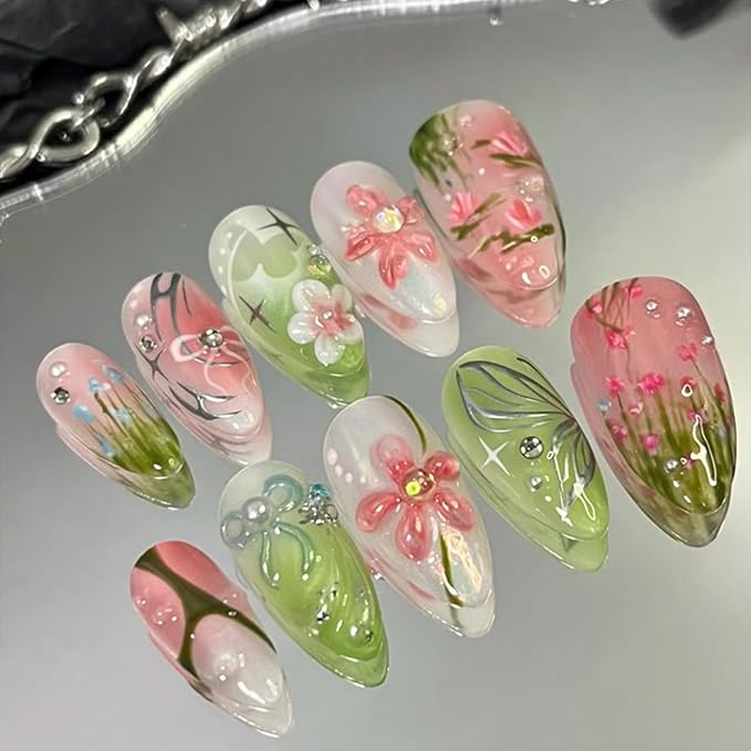 30Pcs Spring Summer Flower Press on Nails Medium Almond Fake Nails with 3D Pearl Rhinestones Handmade Glue on Nails Butterfly Bow False Nails Cute Floral Leaf Acrylic Nails for Women Manicure