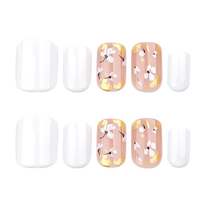 Summer Press on Nails Short Square, White Fake Nails with a Few Nude Nails Featuring Delicate Gold-Foil Flower Designs, Glossy Finish Acrylic Nails, Natural Reusable Glue on Nails Kit