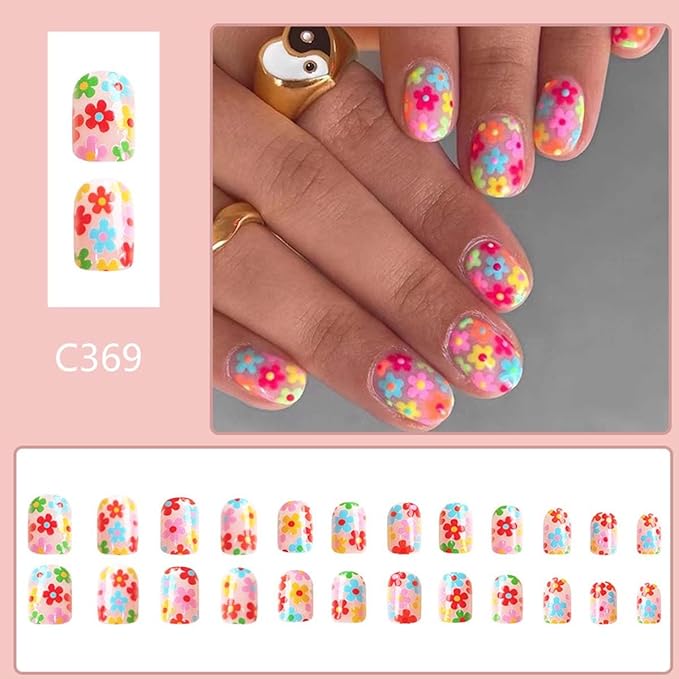 Square Press on Nails Short Fake Nails Cute False Nails with Colorful Flower Design Acrylic Artificial Nails Glossy Glue on Nails Full Cover Stick on Nails for Women Manicure Art 24Pcs