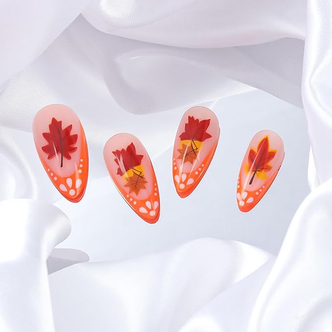 Thanksgiving Medium Almond False Nails Fall Leaves Stick on Fingernails Red Maple Leaf Press on Nails 24Pcs Glossy Orange French Tips Acrylic Fake Nail Autumn Gel Glue on Nail for Coquette Women Girls