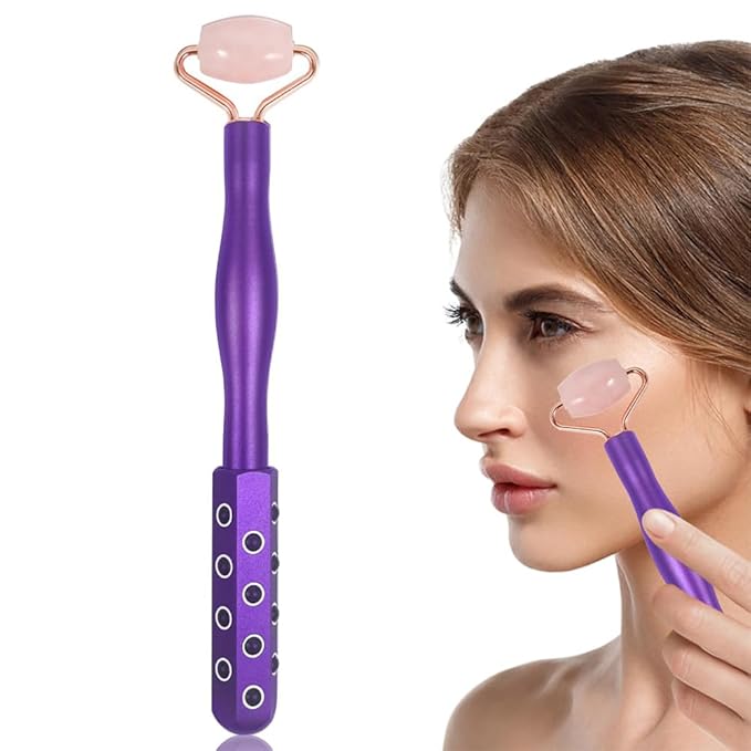 2 in 1 Face Roller for Women, Dual Ended Face Massager Tool with Germanium Stone & Jade Roller, Facial Roller for Skin Care, Lymphatic Drainage, Uplifting Face | 360° Contouring, 7.6" Portable