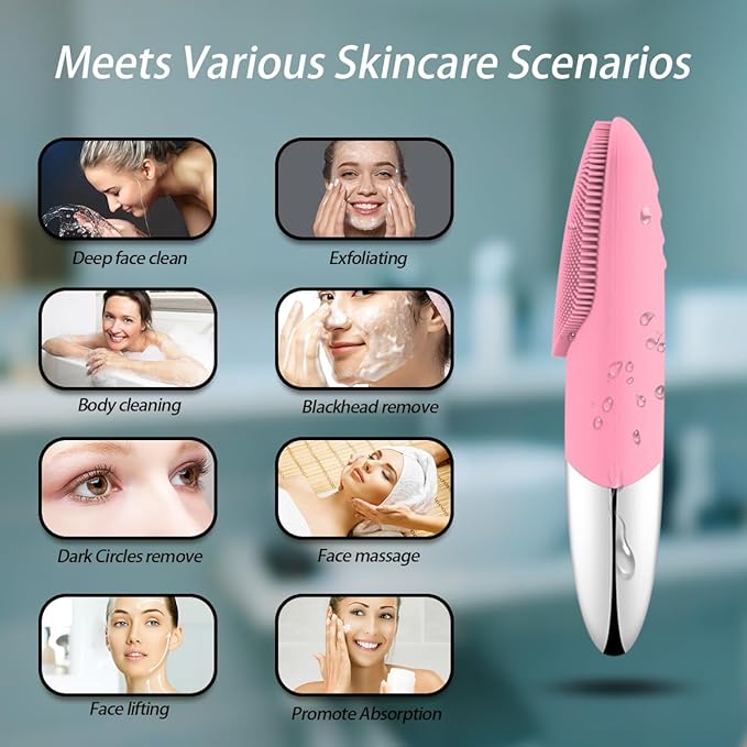 Facial Cleansing Brush, 3-in-1 Electric Silicone Face Scrubber, Vibrating Massager, IPX7 Waterproof, USB Rechargeble Pore Brush for Deep Cleanning, Blackhead Remover, Exfoliating (Pink)