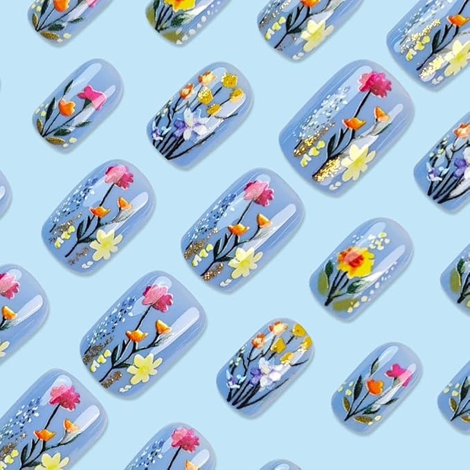 Flowers Press on Nails Short Square Fake Nails Blue 3D Floral Acrylic Nails Spring False Nails Press ons Glossy Flower Glue on Nails Glitter Artificial Nails for Women Girls Manicure 24Pcs