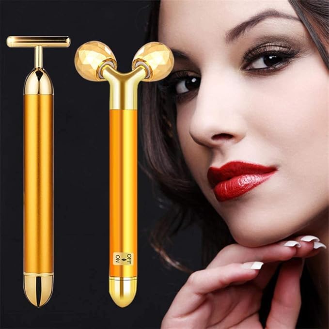 2-in-1 Electric Face Massager 24k Golden Facial Massager, 3D Roller and T Shape Facial Roller Massager Kit Skin Care Tools
