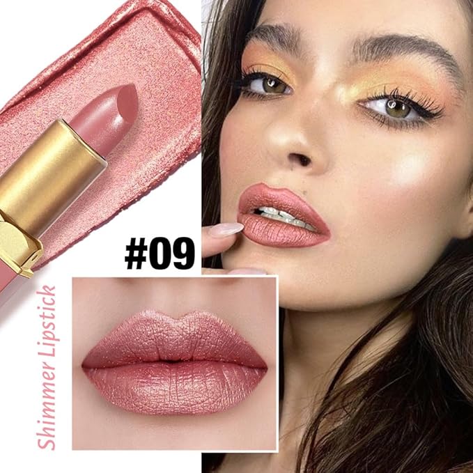 Nude Metallic Lipstick Lip Gloss for Women,Lightweight Shimmer Frosted Long Lasting Lipstick,Glitter Lip Stain Waterproof Smudge Proof 24 Hour Full Coverage Lip Makeup,Vegan