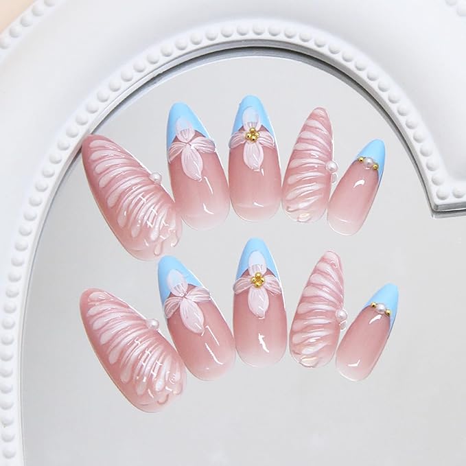 24Pcs Blue French Press on Nails Medium Almond French Tip Fake Nails with 3D Shell Pattern Fall Flower False Nails Gold Beads Pearl Glue on Nails Nude Acrylic Nail Tips for Women Nail Decoration