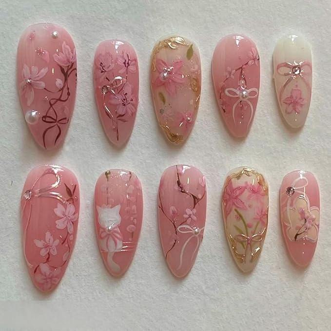 24Pcs Pink Flower Press on Nails Medium Almond Fake Nails Gilding Peach Blossom with Gems Design 3D Pearl Bow Cute Cat Stick on Nails Handmade Full Cover Artificial Glue on Nails for Women
