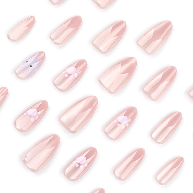 Nude Ombre Press On Nails Almond Medium, Cat Eye Fake Nails with Cute Cat Paw and Kitten Detail Design, Color-Shifting Glow, Reusable Glue On Nails Kit for Women, 24Pcs
