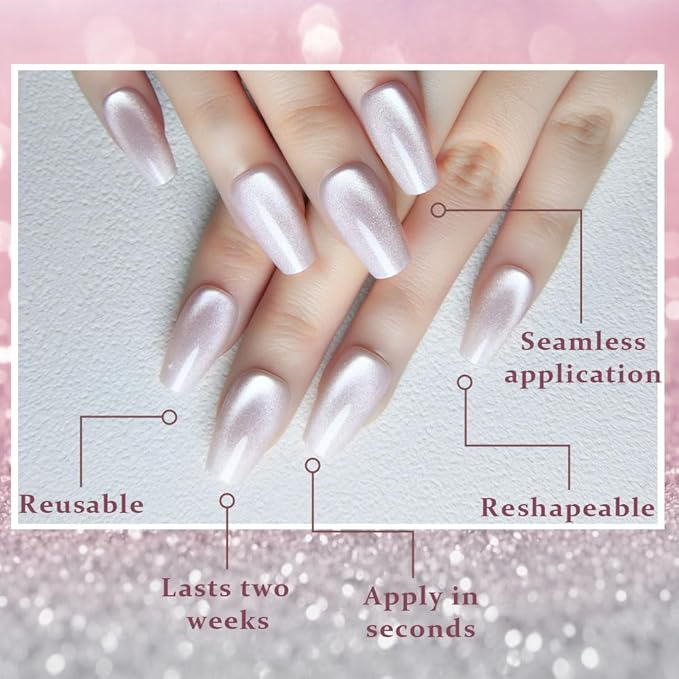 evpct Pearl White Nude Cat Eye Coffin Press on Nails Square Medium, Glue on Nail Medium Square for Women Gift, Pearl Metallic Glitter Glossy Reusable Soft Gel Press on Acrylic Fake Nail with Designs
