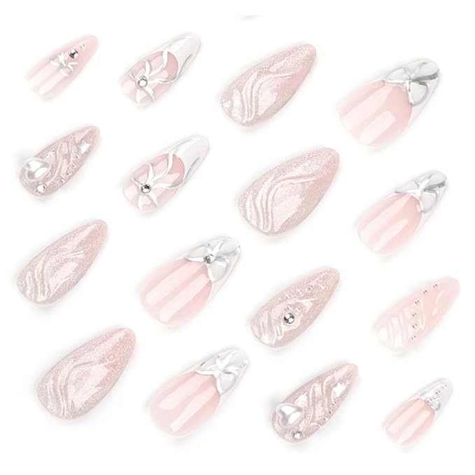 Hkanlre Cute Press on Nails Silver Fake Medium Nails Tips Full Cover Almond French False Nails for Women and Girls 24PCS