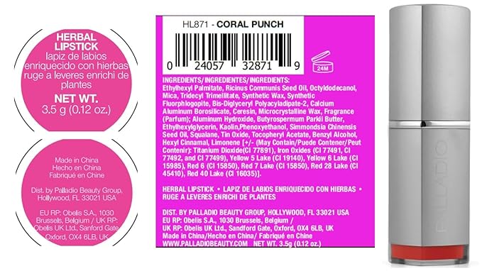 Palladio Herbal Lipstick, Rich Pigmented and Creamy, Infused with Aloe Vera, Chamomile & Ginseng, Prevents Lips from Drying, Combats Fine Lines, Long Lasting Lipstick, Coral Punch