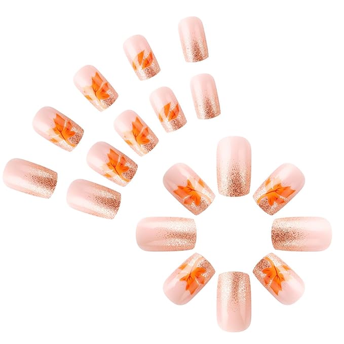 Thanksgiving Press On Nails - Medium, Glossy, Glue On, Square, Acrylic, Glitter, False Nails with Maple Leaf Designs - Pink, 24 Pcs
