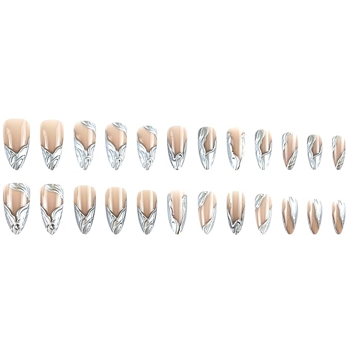Long AlmondPress on Nails with Silver Foil Art Nude Base Fake Nails Stick on Nail for Women 24pcs