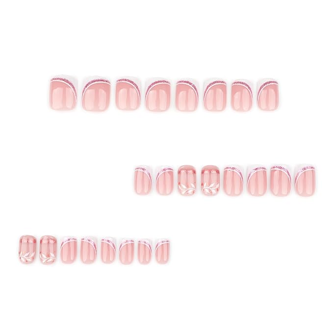 French Press On Nails Short Square, Nude Fake Nails with White French Tip and Minimalist Purple and Gold Line Design, Glossy Gel Finish Acrylic Nails, Natural Reusable Glue On Nails Kit for Women