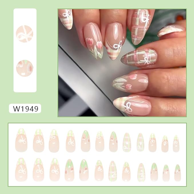 24Pcs French Tip Press On Nails with Weave French Nail Tips Design Medium Almond Acrylic False Nails Tulip Flower Summer Full Cover Glossy Glue on Nails for Women Girls