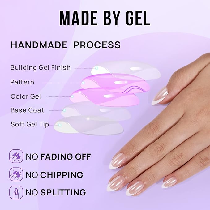 French Tip Press On Nails - BTArtbox White Almond Medium Reusable Stick On Nails in 15 Sizes - 30 Soft Gel Fake Nail Kit for Women Gift, Classic