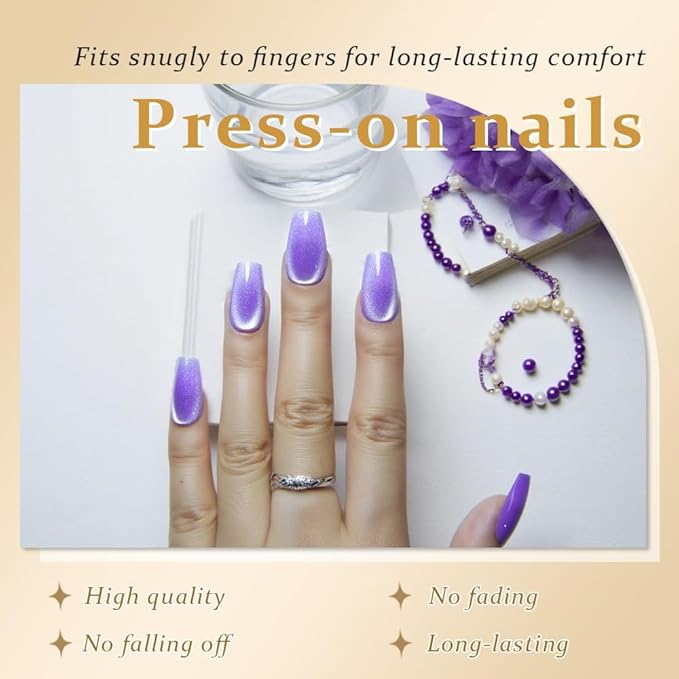 evpct Violet Purple Cat Eye Coffin Press on Nails Square Medium, Medium Square Glue on Nail for Women Gift, Purple Metallic Glitter Glossy Reusable Soft Gel Press on Acrylic Fake Nail with Designs