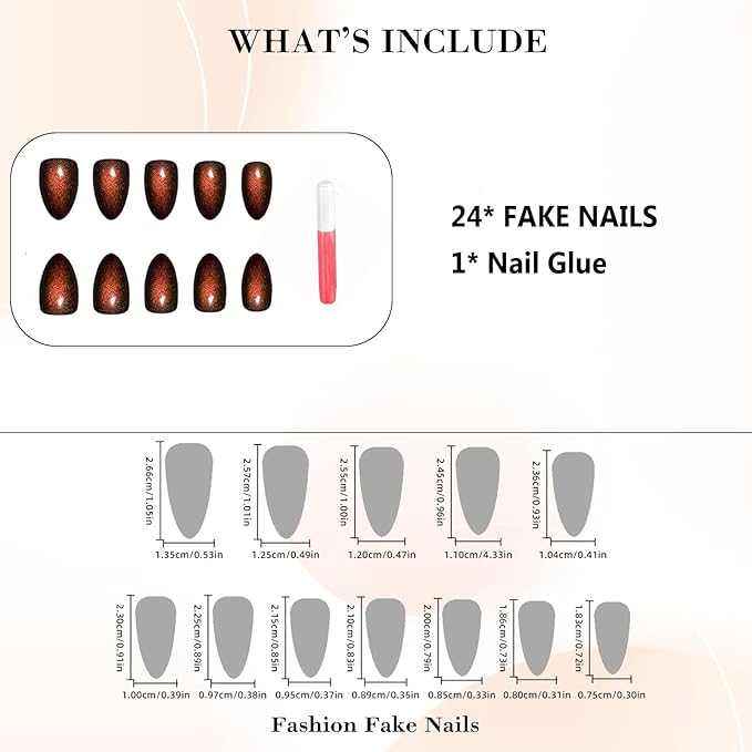 IMRAIN Cat's Eye Press on Nails Medium Almond Brown Fake Nails Brown Orange False Nails Full Cover Glossy Glue on Nails Stick on Acrylic Nails for Women Girls 24Pcs